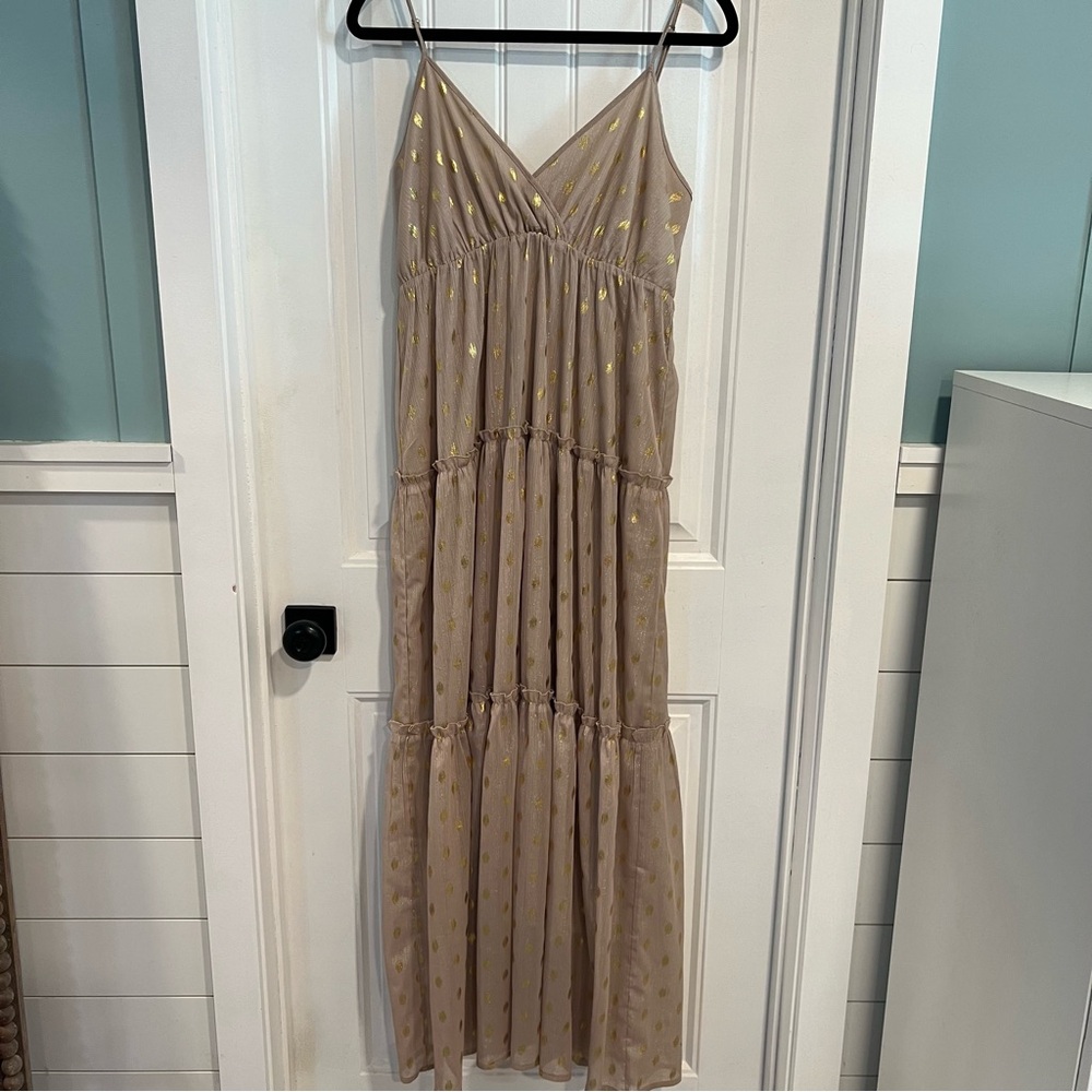 Altar’d State Elegant Shimmering Tan Gold Polka Dot Ruffle Dress. Size Medium.